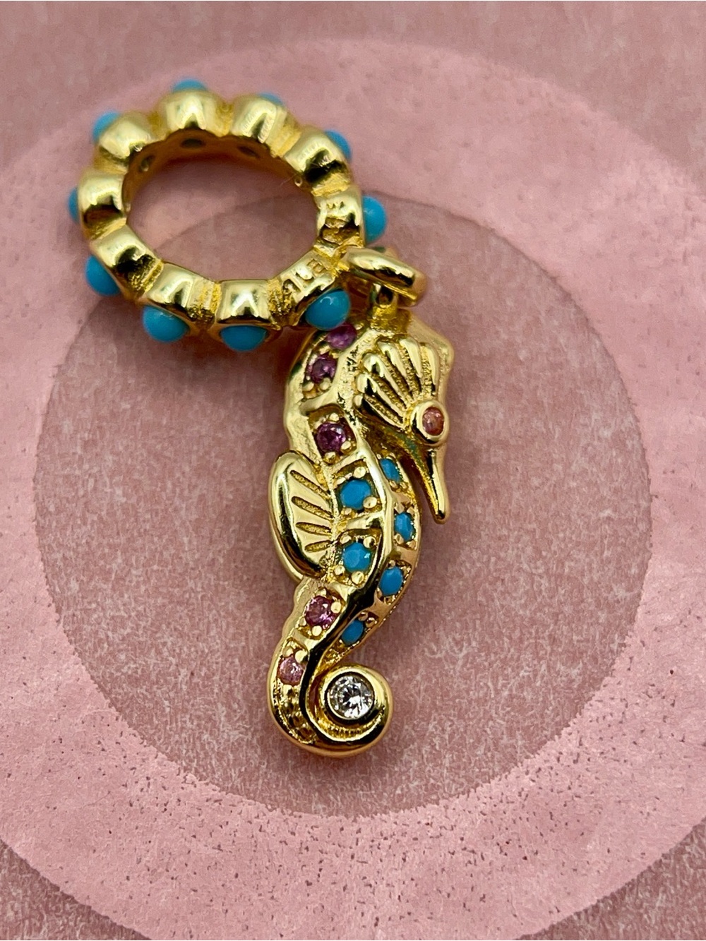 Pandora 14k Gold Plated Seahorse Blue Pink Crystal Cubic Zirconia Dangle Charm